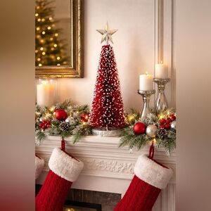 Christmas star bottle brush tree tabletop decor NEW NWT 18 1/2 in red silver